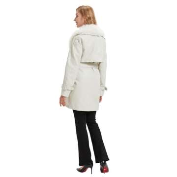 AOWITH Women Faux Leather Trench Long Coat wiht Fur Collar,Mid Length Double-Breasted Overcoat Jacket Fur Lined(052 Black XL)