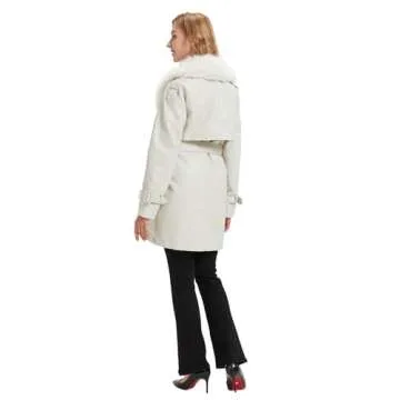 AOWITH Women Faux Leather Trench Long Coat wiht Fur Collar,Mid Length Double-Breasted Overcoat Jacket Fur Lined(052 Black XL)