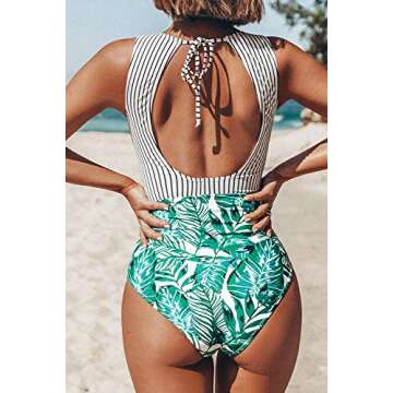 CUPSHE Women's Black Striped Green Leafy One Piece Swimsuit Small