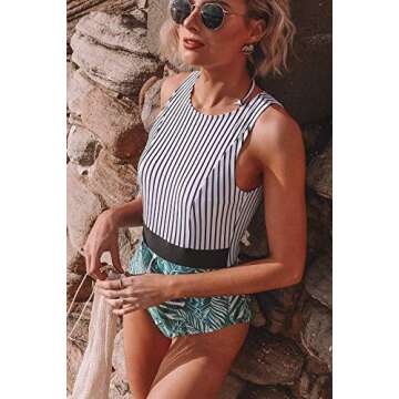 CUPSHE Women's Black Striped Green Leafy One Piece Swimsuit Small