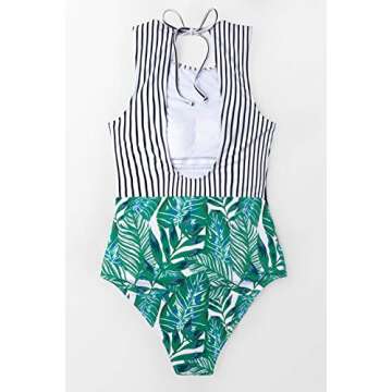 CUPSHE Women's Black Striped Green Leafy One Piece Swimsuit Small
