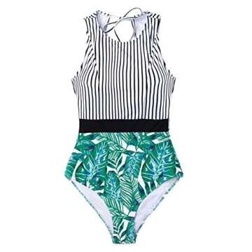 CUPSHE Women's Black Striped Green Leafy One Piece Swimsuit Small