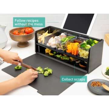 Prepdeck Mini Recipe Prep & Storage Station - New Compact Design, 8 Containers in 4 Sizes + Measurement Markings + Super-Seal Lids, Deluxe Cutting Board, Bonus Tablet Stand Included - 5 Vibrant Colors