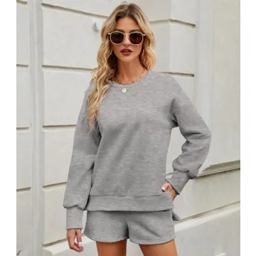 FKEEP Women 2 Piece Outfits Sweatsuit Sweatshirt Fall Clothes for Womens Fashion Long Sleeve Tops Shorts Sweatshirts Girls Winter Clothes