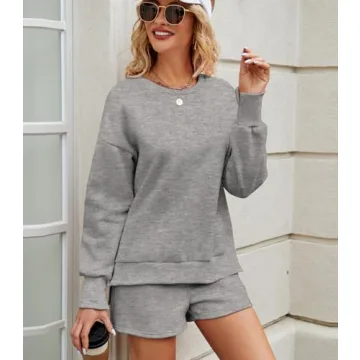 FKEEP Women 2 Piece Outfits Sweatsuit Sweatshirt Fall Clothes for Womens Fashion Long Sleeve Tops Shorts Sweatshirts Girls Winter Clothes