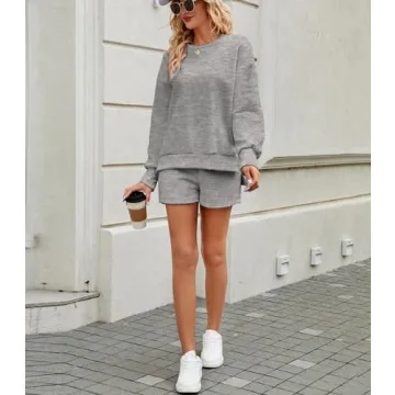 FKEEP Women 2 Piece Outfits Sweatsuit Sweatshirt Fall Clothes for Womens Fashion Long Sleeve Tops Shorts Sweatshirts Girls Winter Clothes