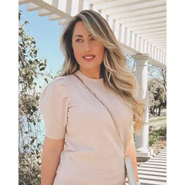 Women's Puff Short Sleeve Sweater Tops 2025 Spring Summer Trendy Crew Neck Casual T Shirts Blouses Beige