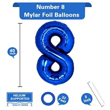 40 Inch Giant Navy Blue Number 8 Balloon, Helium Mylar Foil Number Balloons for Birthday Party, 8th ...