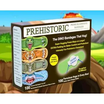 Kids Scary Fun Dino Bandages That Hug! Latex Free Bandages Bulk Pack Kids Favorite Dinosaurs, T-Rex, Sabretooth Tiger, Triceratops, Prehistoric Shark! Dino Band, Aids Kids Wound Healing (100 Ct Box)