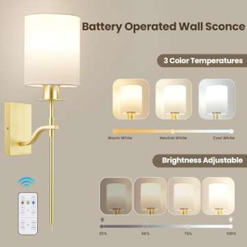 SURAIELEC Battery Operated Wall Sconces Set of Two, Wireless Wall Lights with Remote Timer, 3 Color Temperatures, Indoor Sconces Wall Decor for Bedroom, Living Room, Hallway, Gold