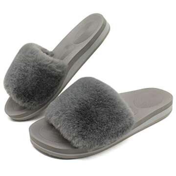 COFACE Womens Slides Fuzzy House Slippers for Women Open Toe Fluff Slippers With Arch Support Planta...