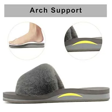 COFACE Womens Slides Fuzzy House Slippers for Women Open Toe Fluff Slippers With Arch Support Plantar Fasciitis Orthotic Slippers Women House Shoes Indoor Size 6