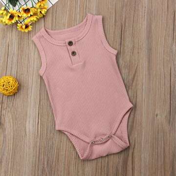 Kuriozud Newborn Infant Unisex Baby Boy Girl Sleeveless Button Solid Knitted Romper Bodysuit One Piece Jumpsuit Summer Outfits Clothes (Pink Bodysuit, 12-18 Months)
