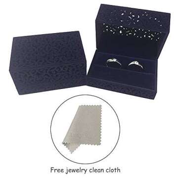 DesignSter Ring Bearer Box, Double Ring Box, Hollow Velvet Ring Box, Ring Holder For Wedding Ceremony (Dark Blue)