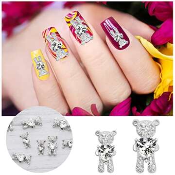 UHOMENY 12PCS Bear Nail Art Rhinestones, 3D Shiny Alloy Bear with Heart Crystal Bear Shaped DIY Nail Art Decoration Luxury Jewelry Diamond Manicure Nail Ornaments with Plastic Box, Silver