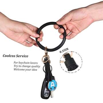 Coolcos Key Ring Bracelets Wristlet Keychain Bangle Keyring - Large Circle Leather Tassel Bracelet Holder For Women Gift (black)
