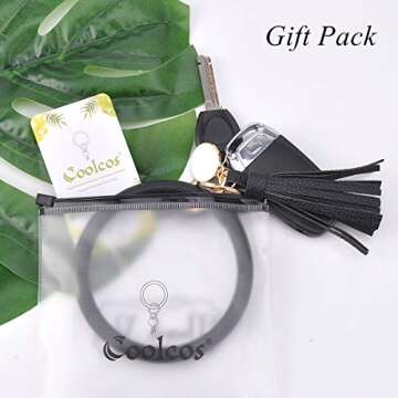 Coolcos Key Ring Bracelets Wristlet Keychain Bangle Keyring - Large Circle Leather Tassel Bracelet Holder For Women Gift (black)
