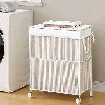 WOWLIVE Laundry Hamper with Wheels, Handwoven Rolling Laundry Basket with Lid, Clothes Hamper with Divided Removable Liner Bag, 115L Large Capacity Laundry Sorter Laundry Room Organization, White