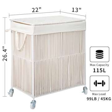 WOWLIVE Laundry Hamper with Wheels, Handwoven Rolling Laundry Basket with Lid, Clothes Hamper with Divided Removable Liner Bag, 115L Large Capacity Laundry Sorter Laundry Room Organization, White