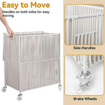 WOWLIVE Laundry Hamper with Wheels, Handwoven Rolling Laundry Basket with Lid, Clothes Hamper with Divided Removable Liner Bag, 115L Large Capacity Laundry Sorter Laundry Room Organization, White