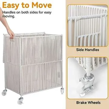 WOWLIVE Laundry Hamper with Wheels, Handwoven Rolling Laundry Basket with Lid, Clothes Hamper with Divided Removable Liner Bag, 115L Large Capacity Laundry Sorter Laundry Room Organization, White