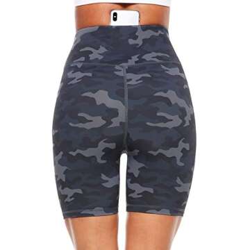 PERSIT Women's High Waist Print Workout Yoga Shorts with 2 Hidden Pockets, Non See-Through Tummy Control Athletic Shorts Deep Grey Camo