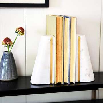 Main + Mesa Geometric Marble Bookends with Brass Inlay, White