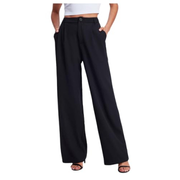 SweatyRocks Women's Casual Wide Leg High Waisted Button Down Straight Long Trousers Pants Black S