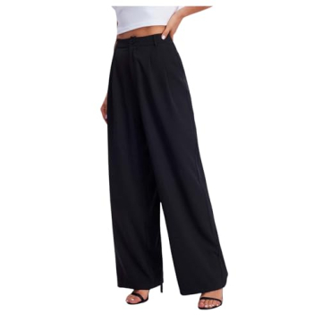 SweatyRocks Women's Casual Wide Leg High Waisted Button Down Straight Long Trousers Pants Black S