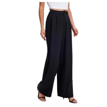 SweatyRocks Women's Casual Wide Leg High Waisted Button Down Straight Long Trousers Pants Black S