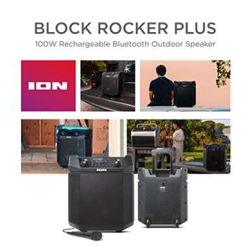 ION Block Rocker Plus - 100W Bluetooth Outdoor Speaker with Rechargeable Battery, Karaoke Microphone, Radio, Wheels, Telescopic Handle & USB Charging