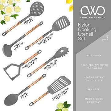 COOK With COLOR 7 Piece Grey Nylon Cooking Utensil Set with Copper Handles - Grey