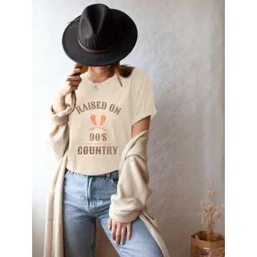 ASTANFY Raised on 90s Country Shirt Womens Vintage Concert Outfits Casual Country Music Graphic Tees Tops Khaki