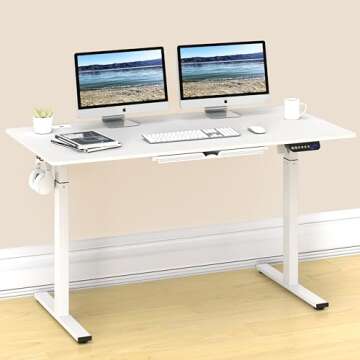 SHW Electric Height Adjustable Standing Desk with Hanging Hooks and Cable Management, 55 x 28 Inches, White