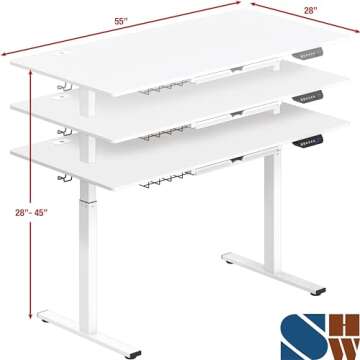 SHW Electric Height Adjustable Standing Desk with Hanging Hooks and Cable Management, 55 x 28 Inches, White
