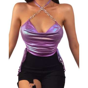 Womens Sexy Adjustable Metallic Chain Halter Cami Crop Tops Sleeveless Cowl Neck Bralette Club Vests...