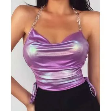 Womens Sexy Adjustable Metallic Chain Halter Cami Crop Tops Sleeveless Cowl Neck Bralette Club Vests(PE-L)