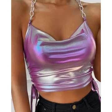 Womens Sexy Adjustable Metallic Chain Halter Cami Crop Tops Sleeveless Cowl Neck Bralette Club Vests(PE-L)