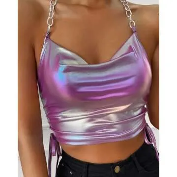 Womens Sexy Adjustable Metallic Chain Halter Cami Crop Tops Sleeveless Cowl Neck Bralette Club Vests(PE-L)