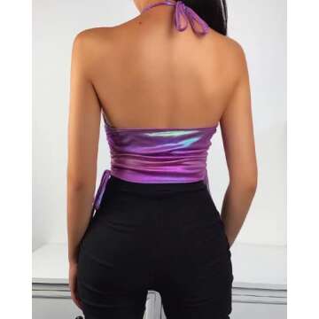 Womens Sexy Adjustable Metallic Chain Halter Cami Crop Tops Sleeveless Cowl Neck Bralette Club Vests(PE-L)