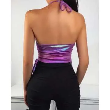 Womens Sexy Adjustable Metallic Chain Halter Cami Crop Tops Sleeveless Cowl Neck Bralette Club Vests(PE-L)