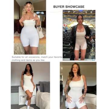 Popilush Shapewear Jumpsuits for Women Built-in Bra Square Neck Rompers Shorts Bodycon Bodysuits Summer Outfits White