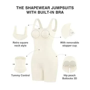 Popilush Shapewear Jumpsuits for Women Built-in Bra Square Neck Rompers Shorts Bodycon Bodysuits Summer Outfits White