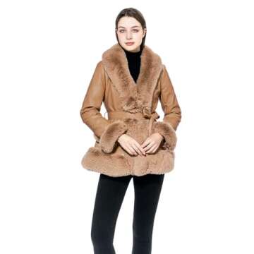 GRAN ORIENTE Faux Leather Jacket for Women with Faux Fur Collar Long Sleeve Fuzzy Parka Overcoat wit...