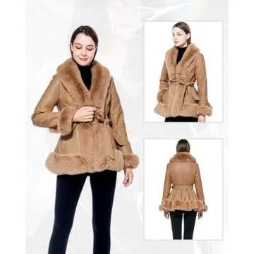 GRAN ORIENTE Faux Leather Jacket for Women with Faux Fur Collar Long Sleeve Fuzzy Parka Overcoat with Warm Trimmed Winter Peplum Coat Belted (GK007 Khaki S)