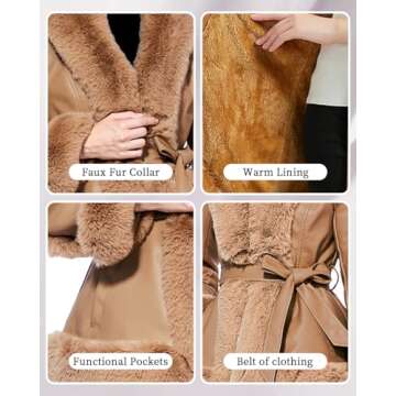 GRAN ORIENTE Faux Leather Jacket for Women with Faux Fur Collar Long Sleeve Fuzzy Parka Overcoat with Warm Trimmed Winter Peplum Coat Belted (GK007 Khaki S)