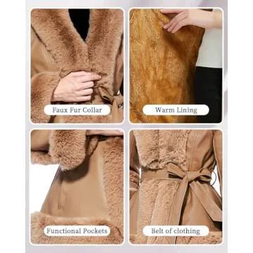 GRAN ORIENTE Faux Leather Jacket for Women with Faux Fur Collar Long Sleeve Fuzzy Parka Overcoat with Warm Trimmed Winter Peplum Coat Belted (GK007 Khaki S)