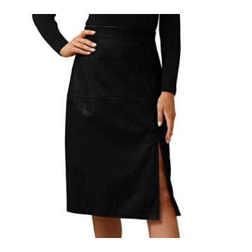 FERNGIRL Faux Leather Slit Skirt High Elastic Waist Below Knee Length Skirt Midi Skirt Womens Black
