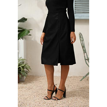 FERNGIRL Faux Leather Slit Skirt High Elastic Waist Below Knee Length Skirt Midi Skirt Womens Black