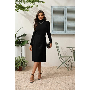 FERNGIRL Faux Leather Slit Skirt High Elastic Waist Below Knee Length Skirt Midi Skirt Womens Black